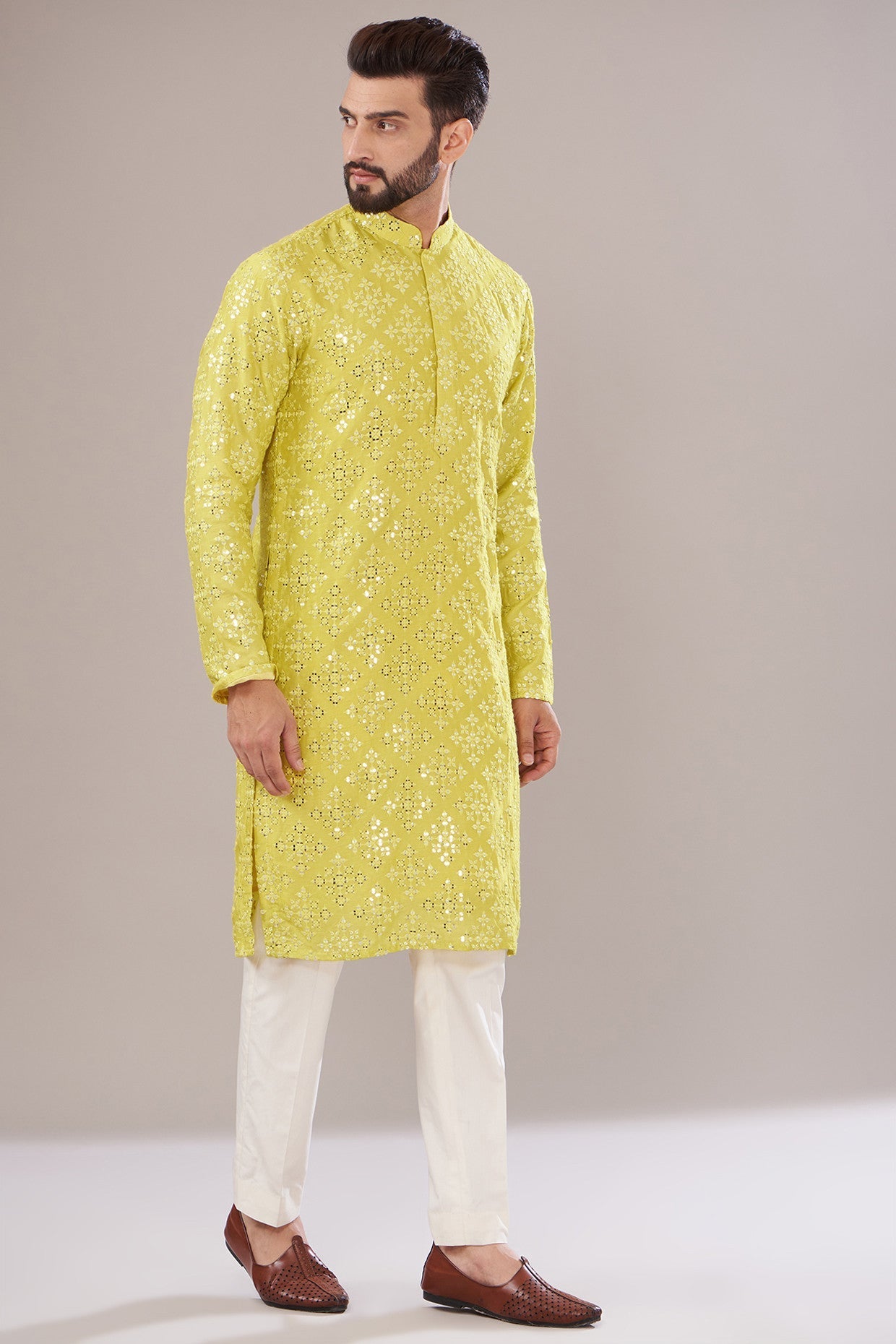 Neon Yellow Silk Embroidered Kurta - kasbahmen