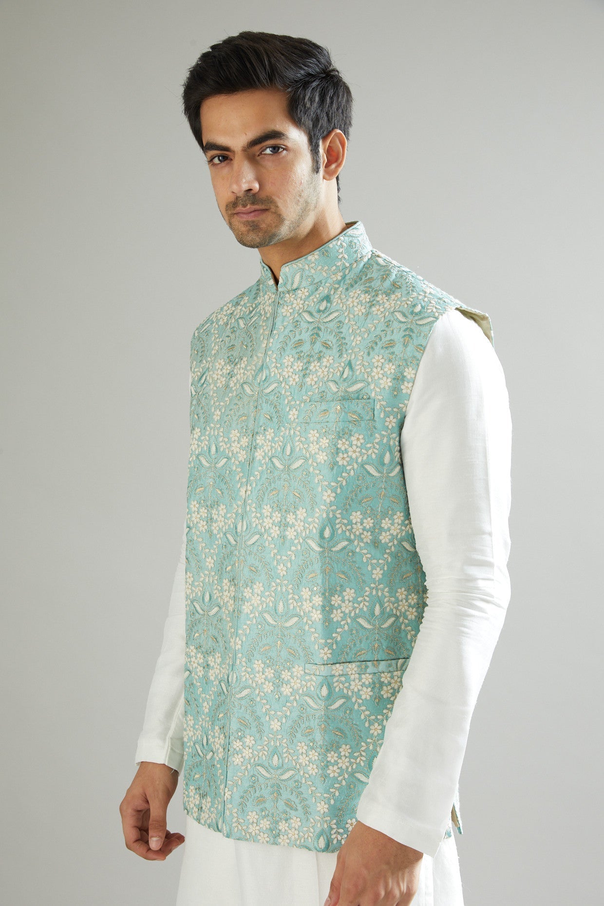 Sea Green Embroidered Nehru Jacket - kasbahmen