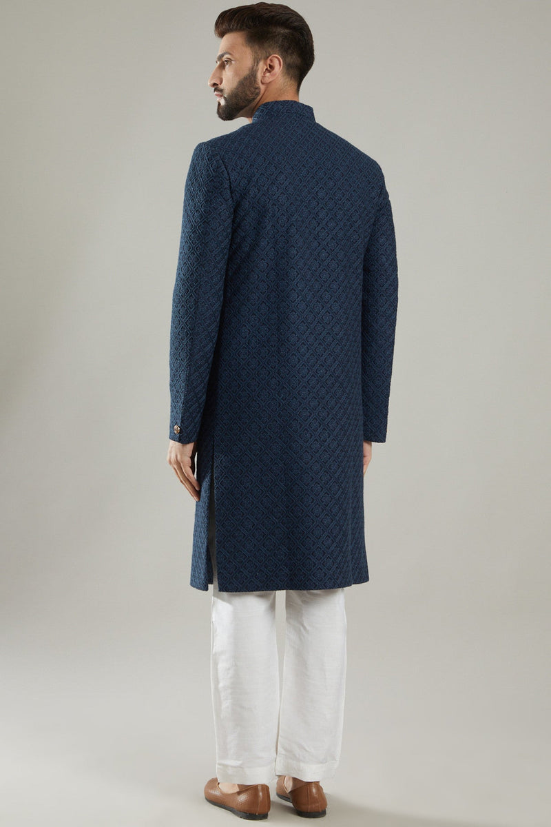 Navy Blue Embroidered Indo Western Jacket - kasbahmen