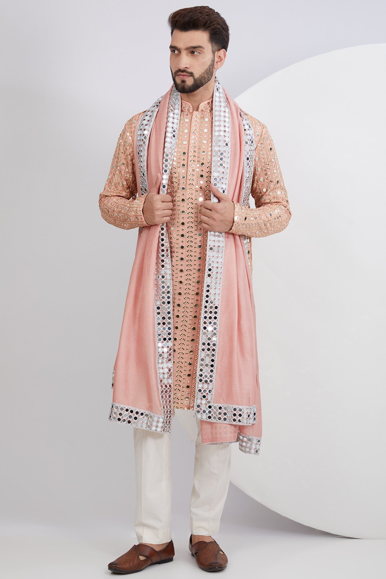 Peach Mirrorwork Kurta Paired with Mirrorwork Stole - kasbahmen