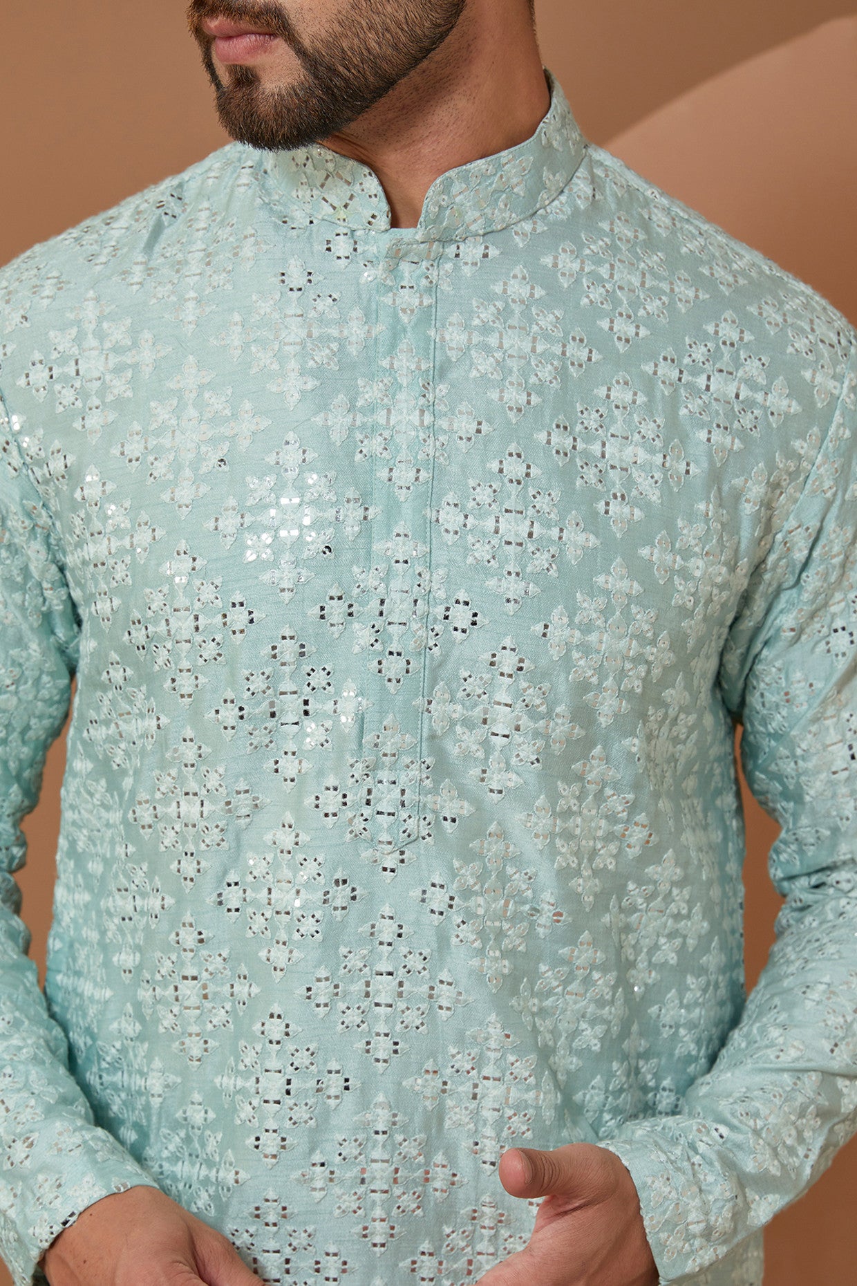 Ice Blue Mirrorwork Kurta - kasbahmen