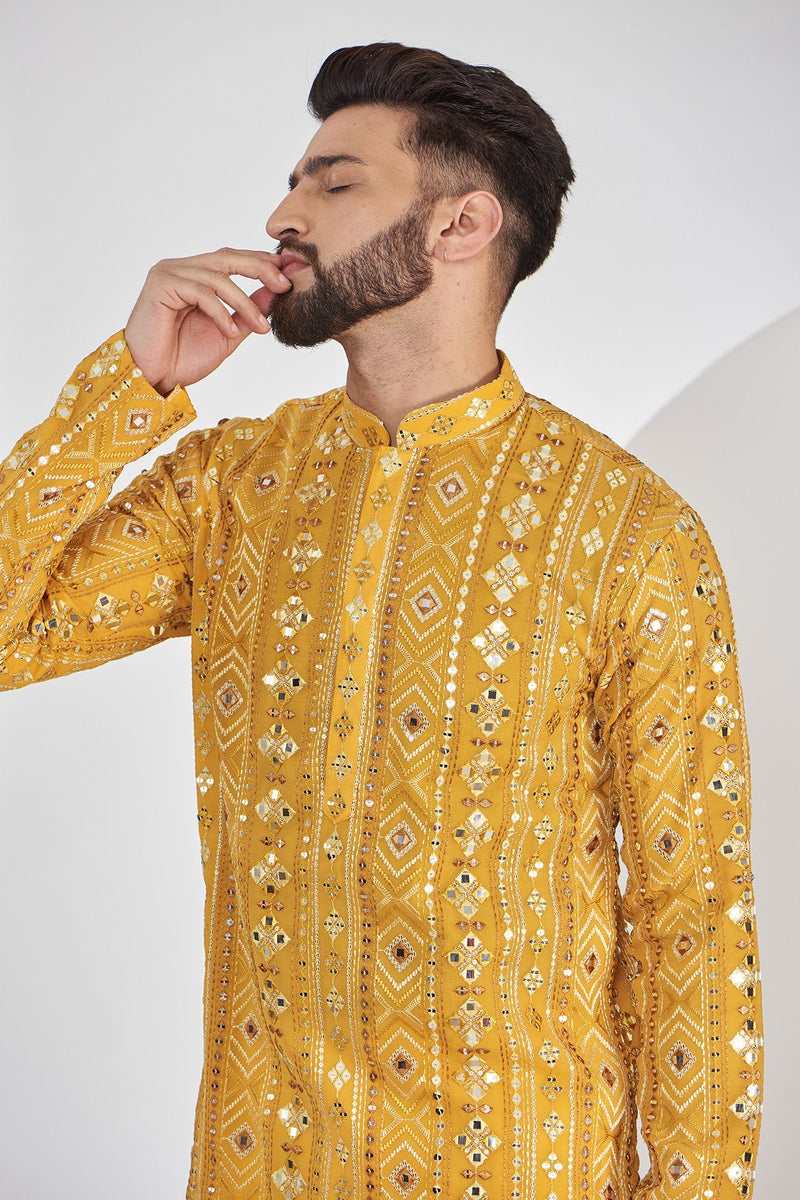 Mustard Mirror-work Kurta