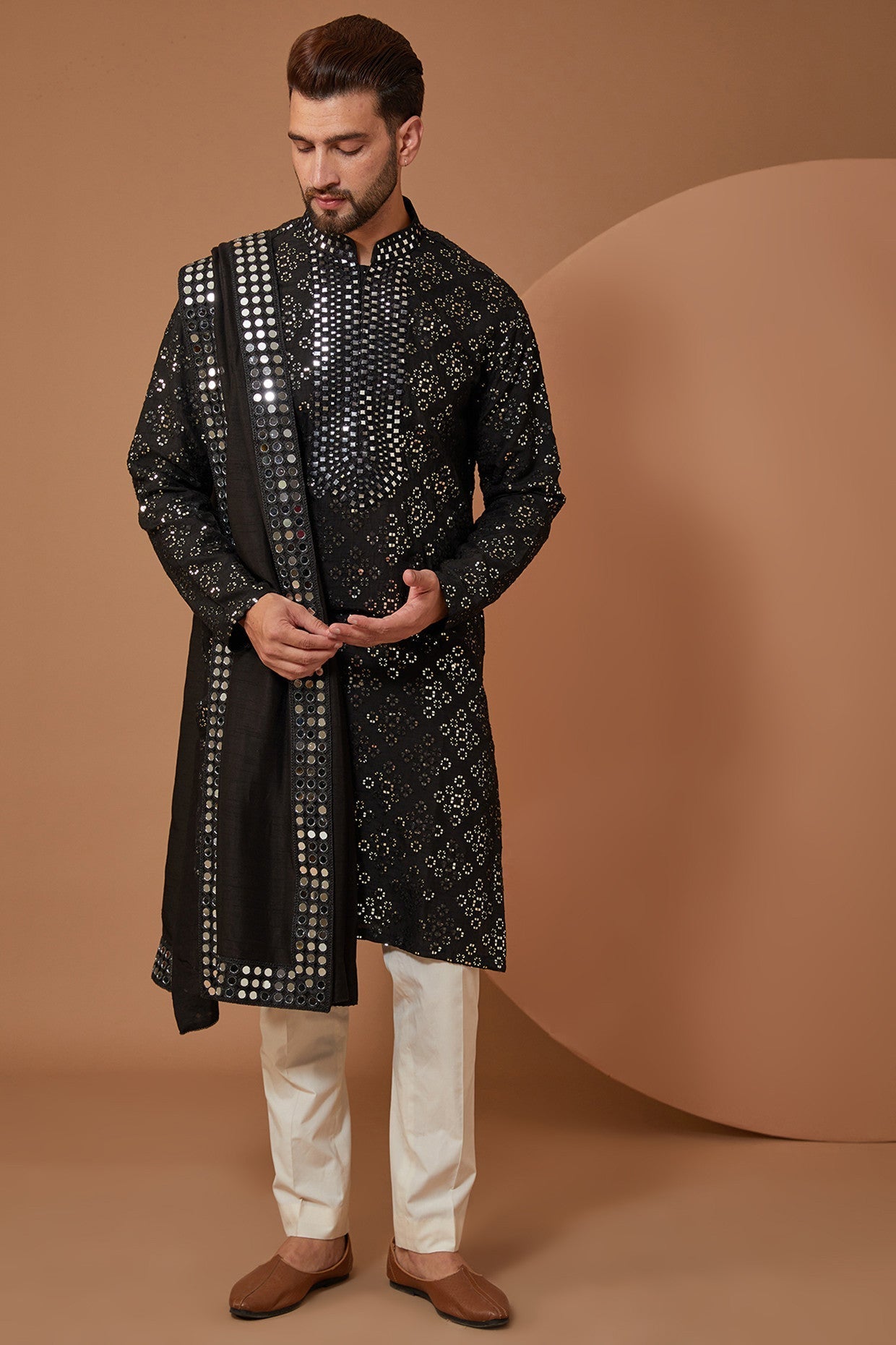 Black Mirror work Kurta with Stole - kasbahmen