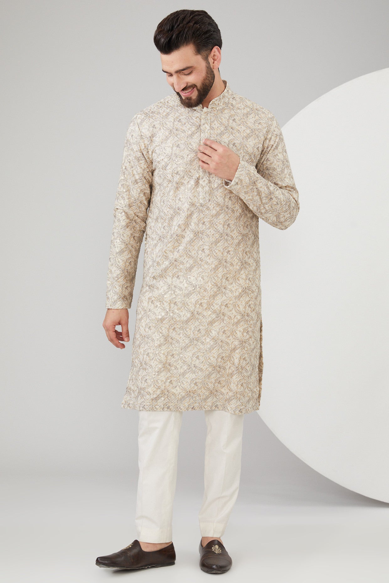 White & Grey Sequins Embellished Kurta - kasbahmen