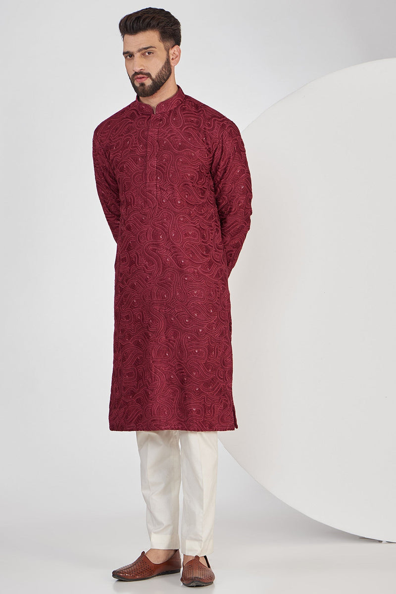 Maroon Abstract Multi-threadwork Kurta with sequins - kasbahmen