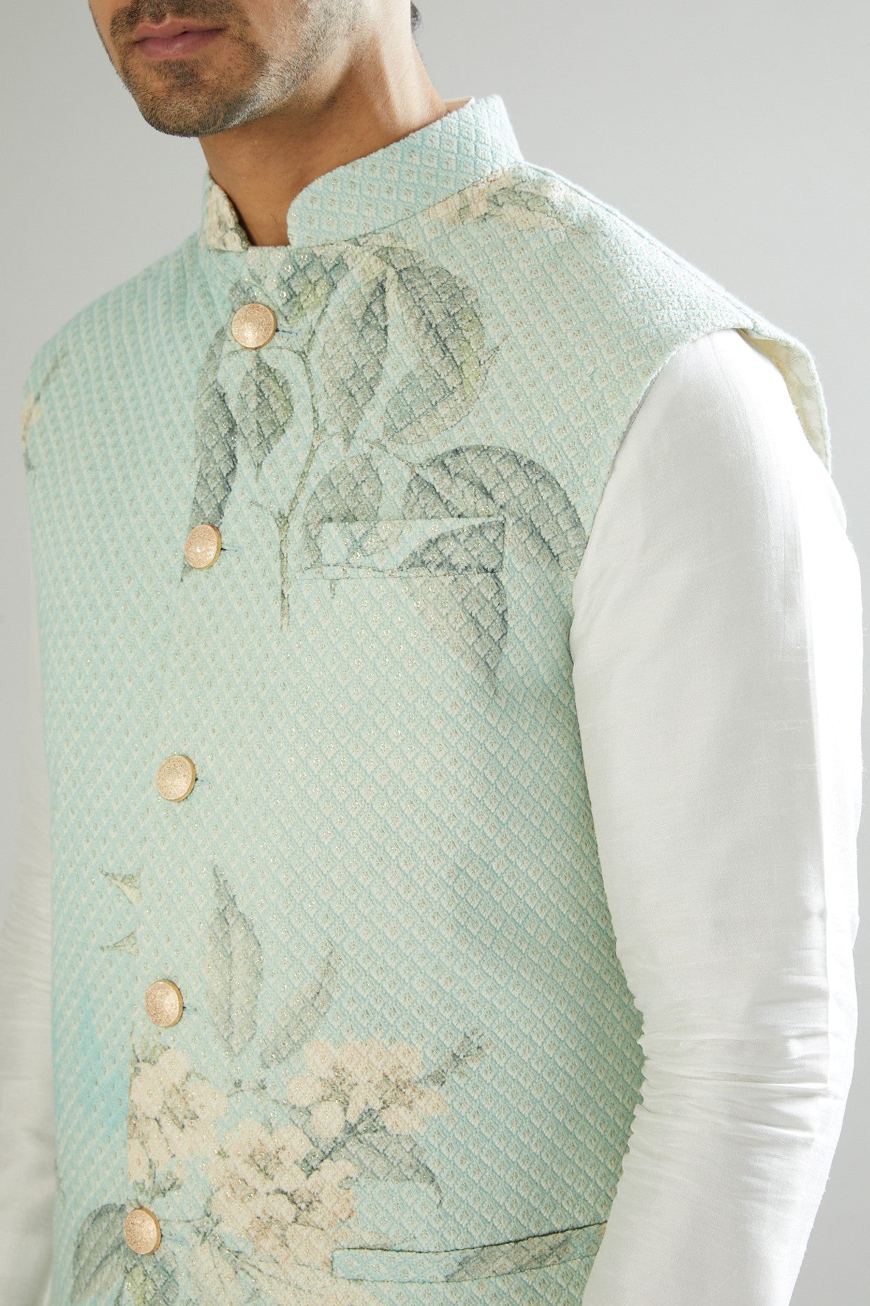 Ice Blue Embroidered Nehru Jacket - kasbahmen