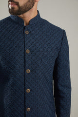 Navy Blue Embroidered Indo Western Jacket - kasbahmen