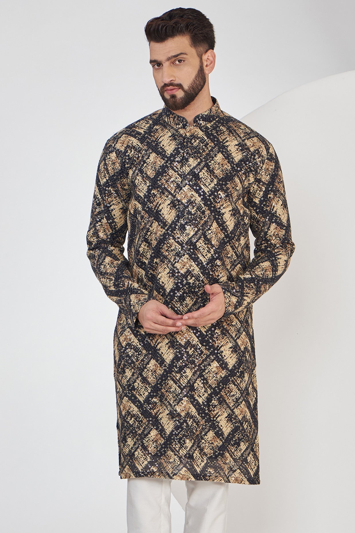 Black and Gold Embroidered Kurta on Print - kasbahmen