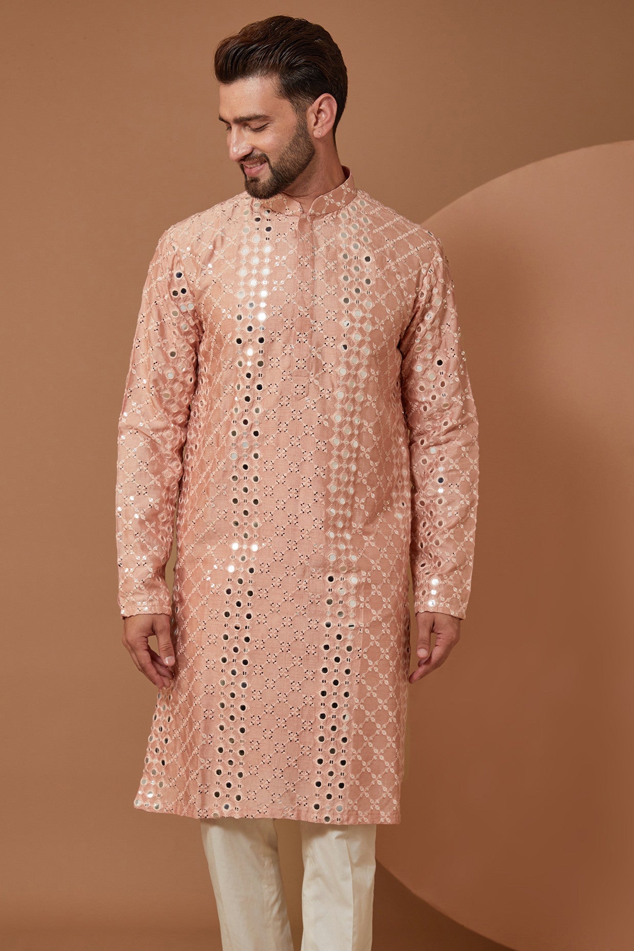 Peach Signature Mirrorwork Kurta - kasbahmen