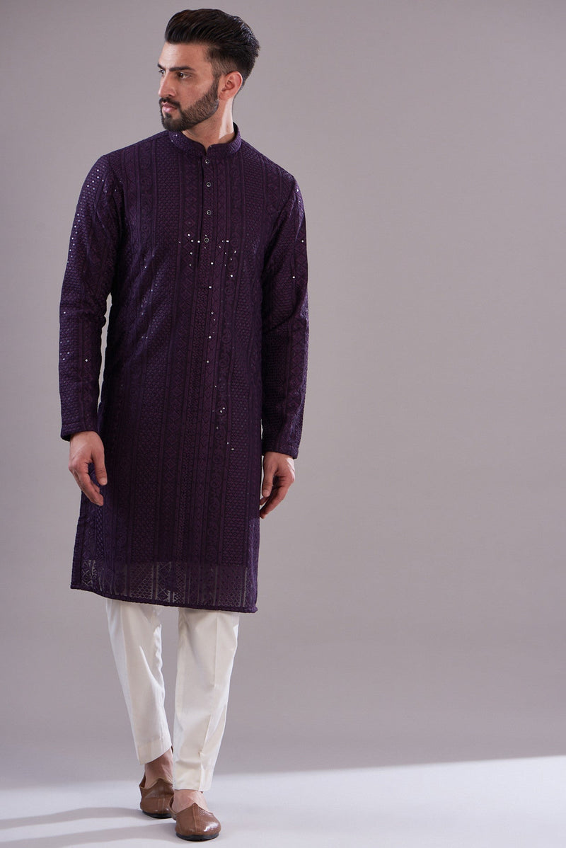 Wine chikankari kurta