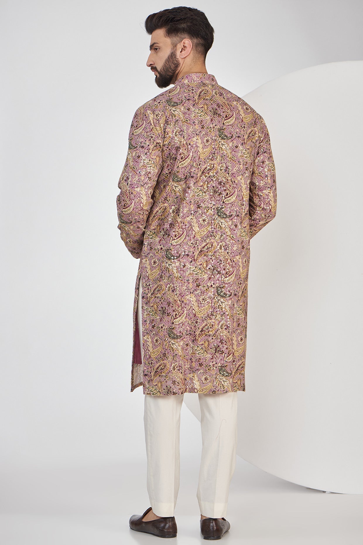 Purple and yellow embroidered kurta on print - kasbahmen