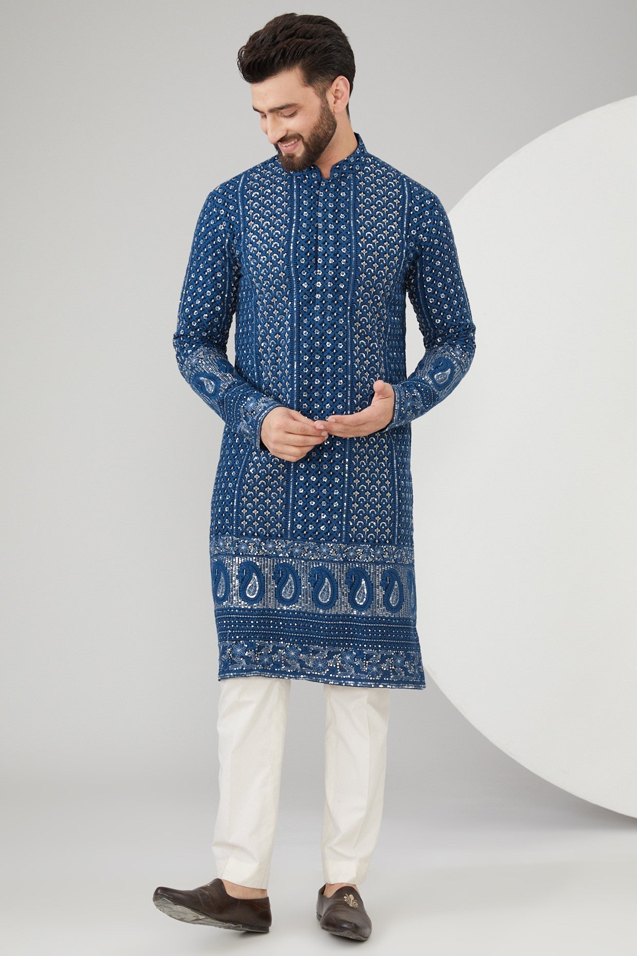 Navy Blue Georgette Thread Embroidered Chikankari Kurta - kasbahmen