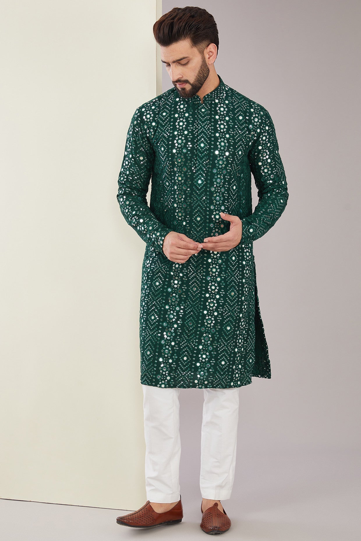 Signature Bottle Green Mirrorwork Kurta - kasbahmen