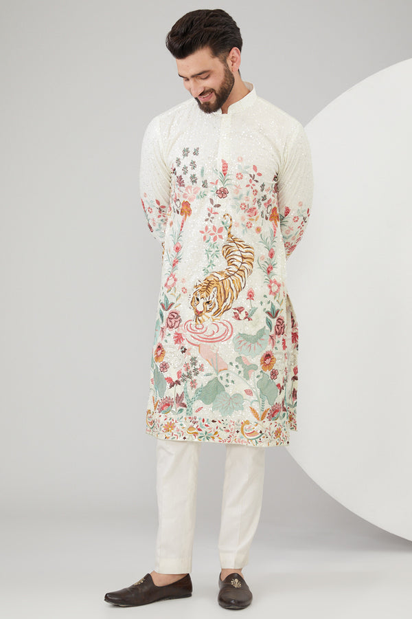 White Georgette Floral Embroidered Kurta - kasbahmen