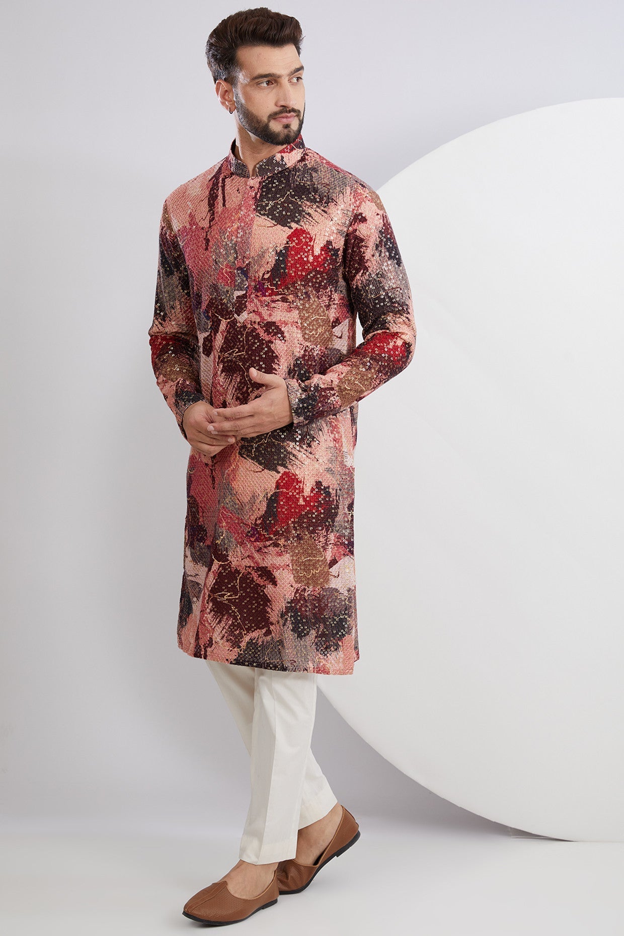 Abstract Embridered Kurta with Sequined Embroidery on print - kasbahmen