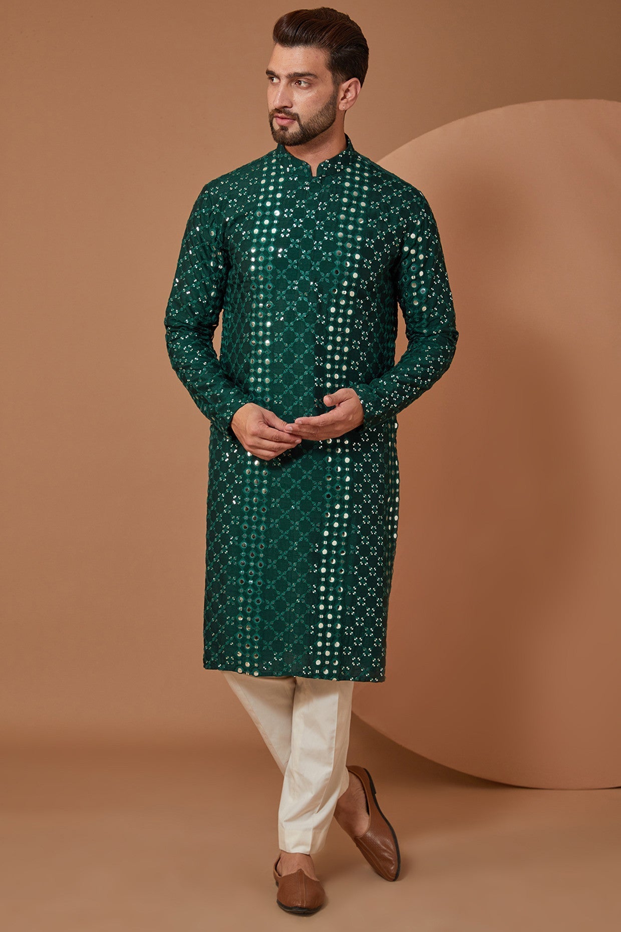 Signature Bottle Green Mirrorwork Kurta - kasbahmen