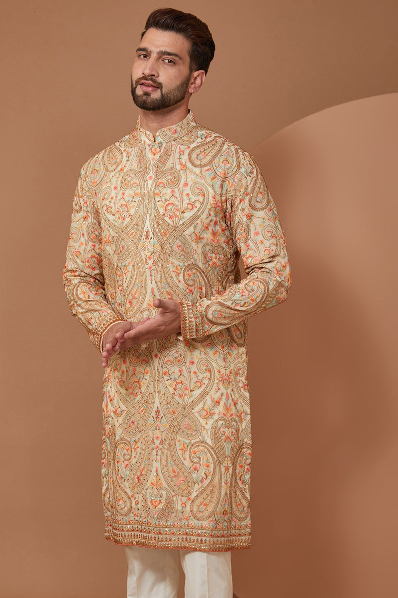 Ivory Cream Kashmiri Jamawar Embroidered Kurta - kasbahmen