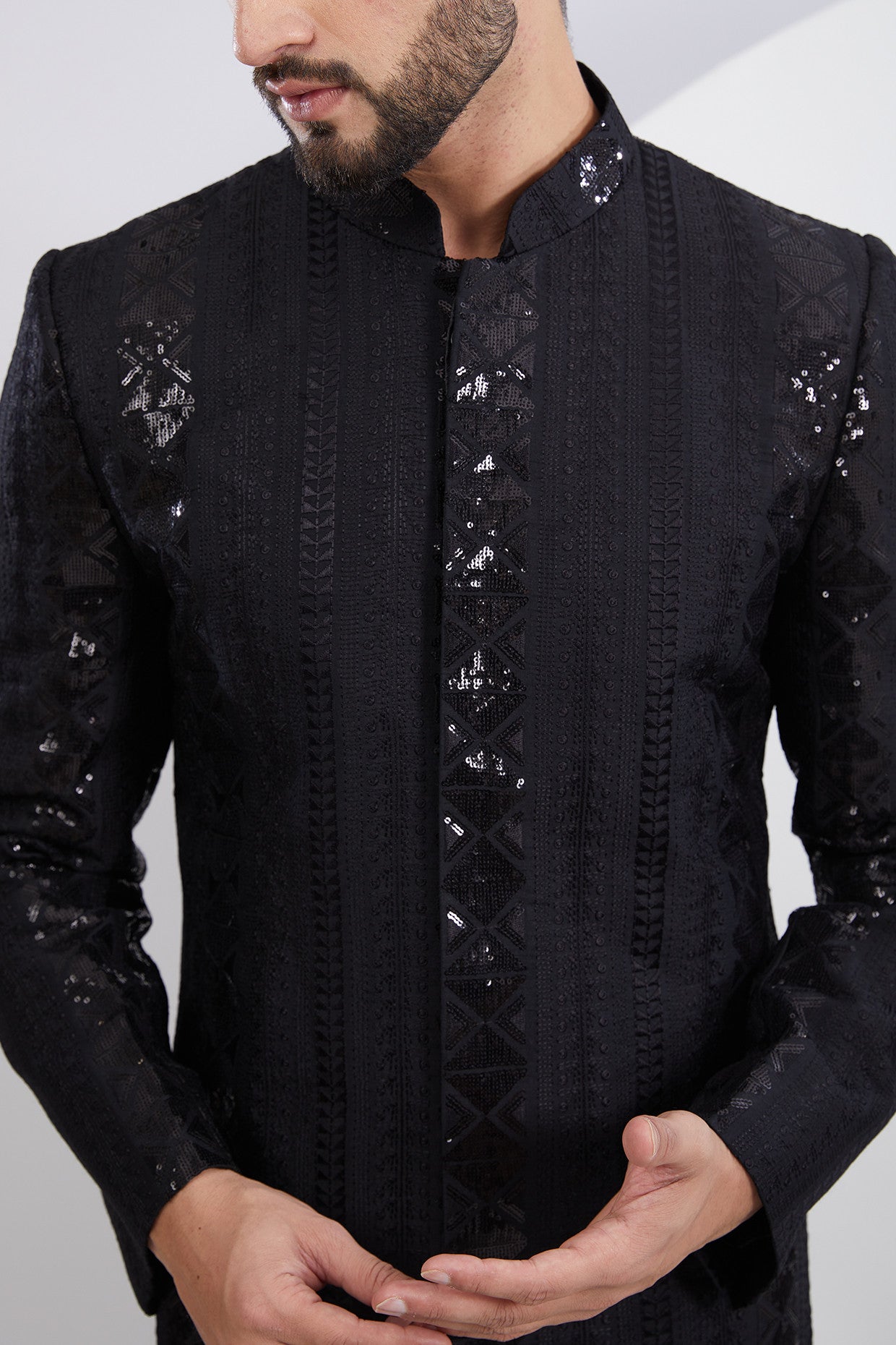 Signature Black Embroidered Sherwani with Intricate Sequins - kasbahmen