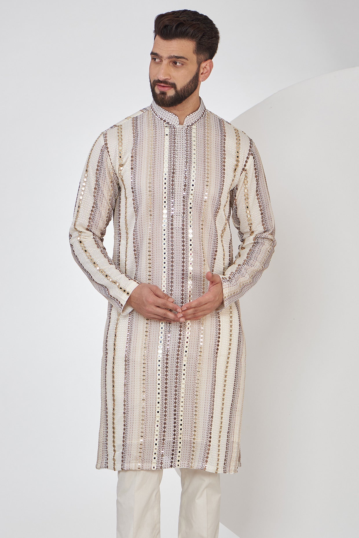 Cream and beige mirror-work kurta - kasbahmen