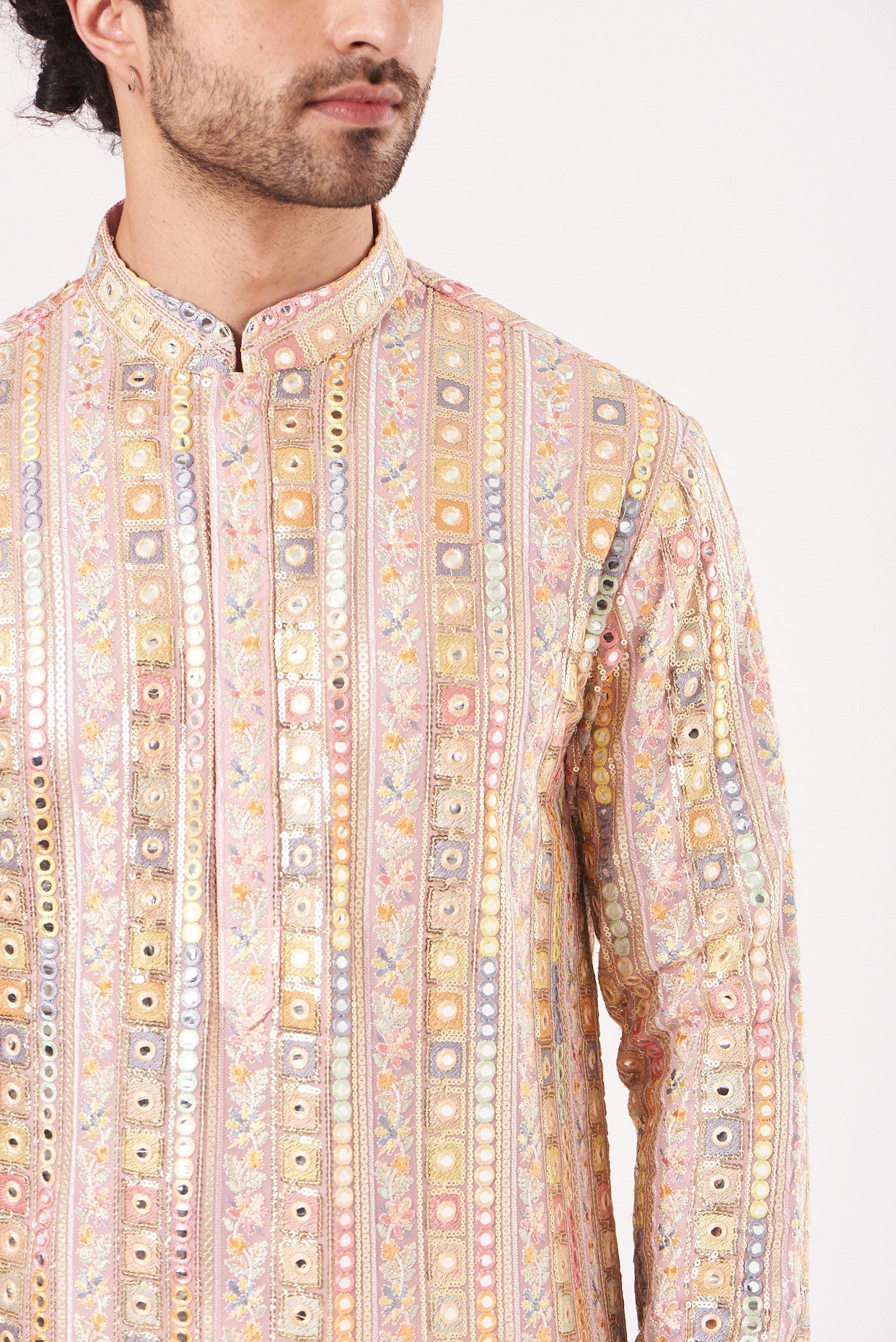 Blush Pink Mirror Embroidered Kurta - kasbahmen