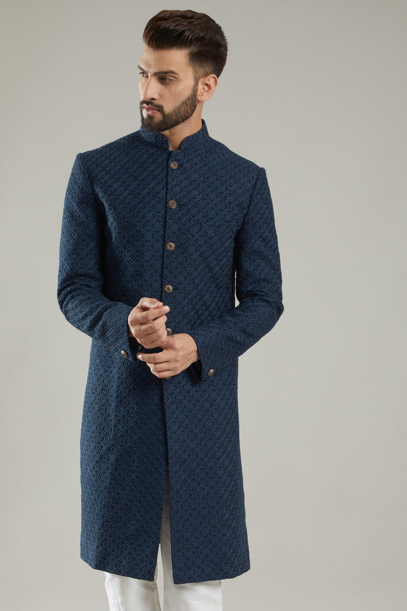 Navy Blue Embroidered Indo Western Jacket - kasbahmen