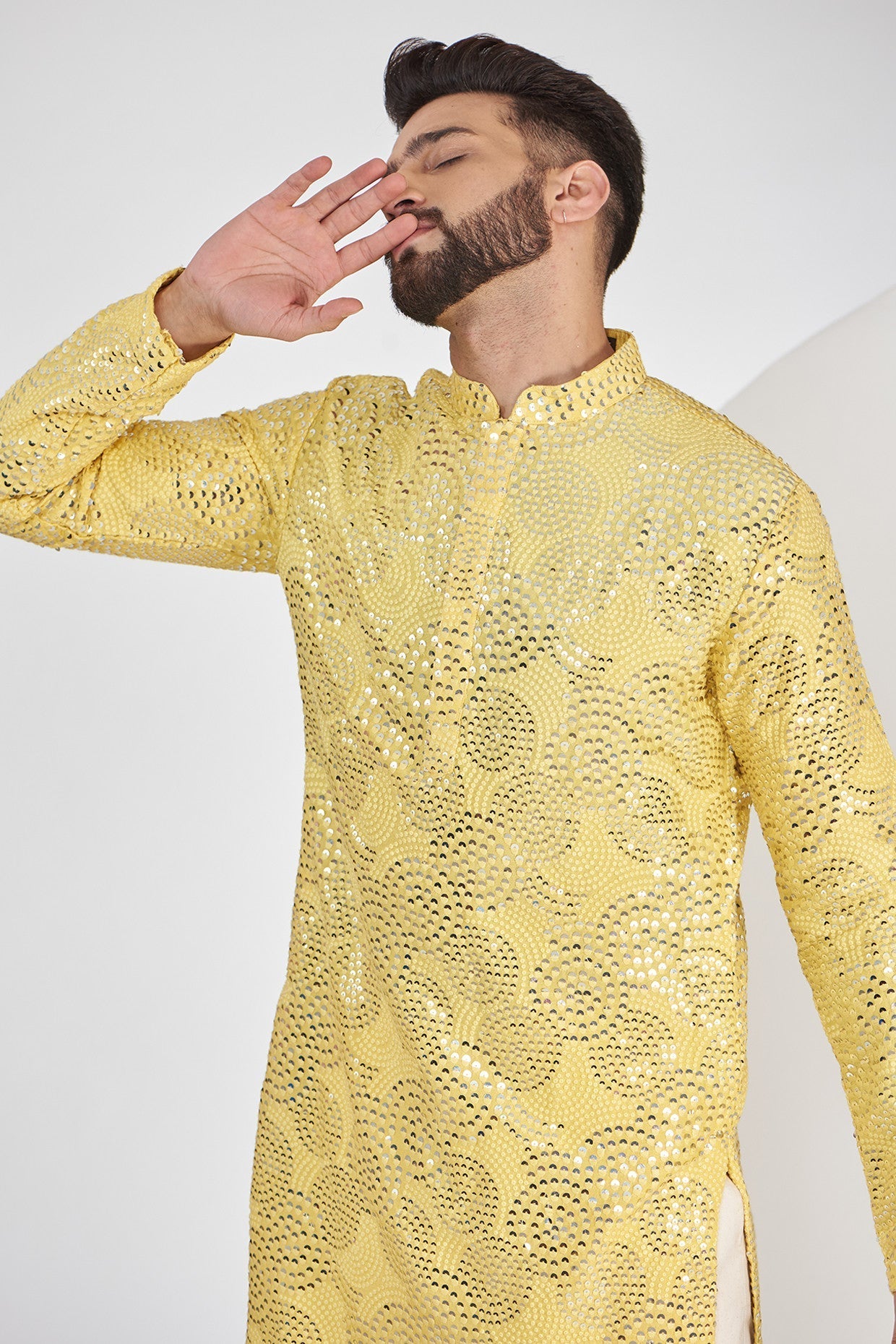 Yellow Embroidered Kurta with intricate sequins work - kasbahmen