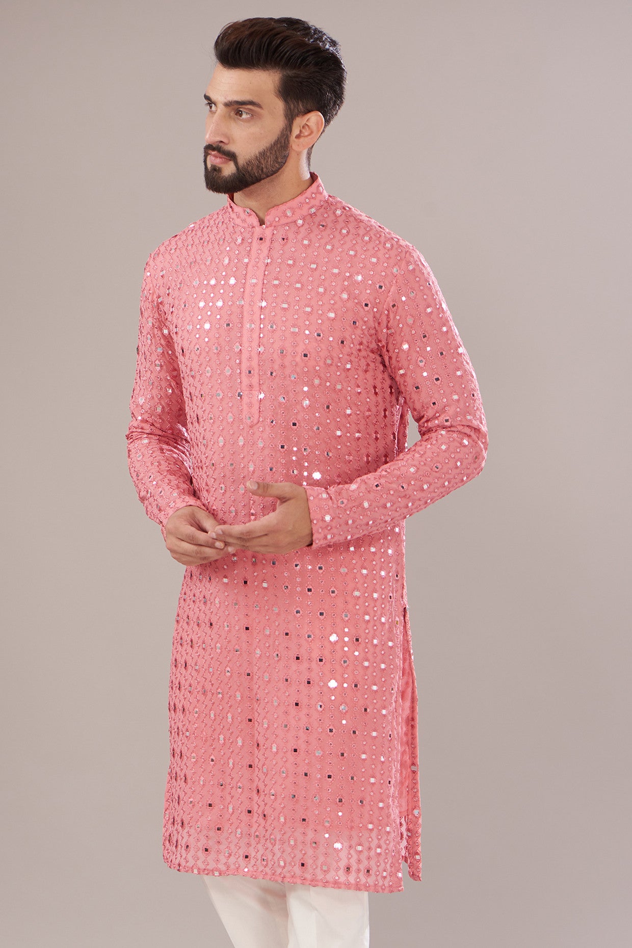 Coral Pink Georgette Embroidered Kurta - kasbahmen