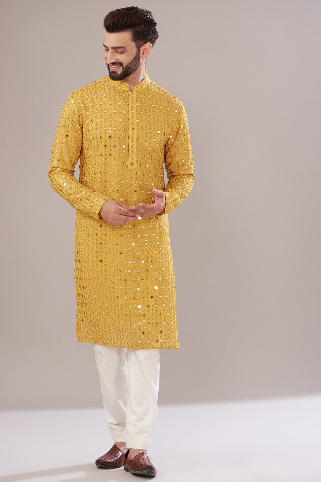 Mustard Georgette Embroidered Kurta - kasbahmen