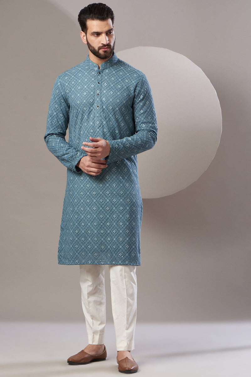 Formal teal blue chikankari kurta