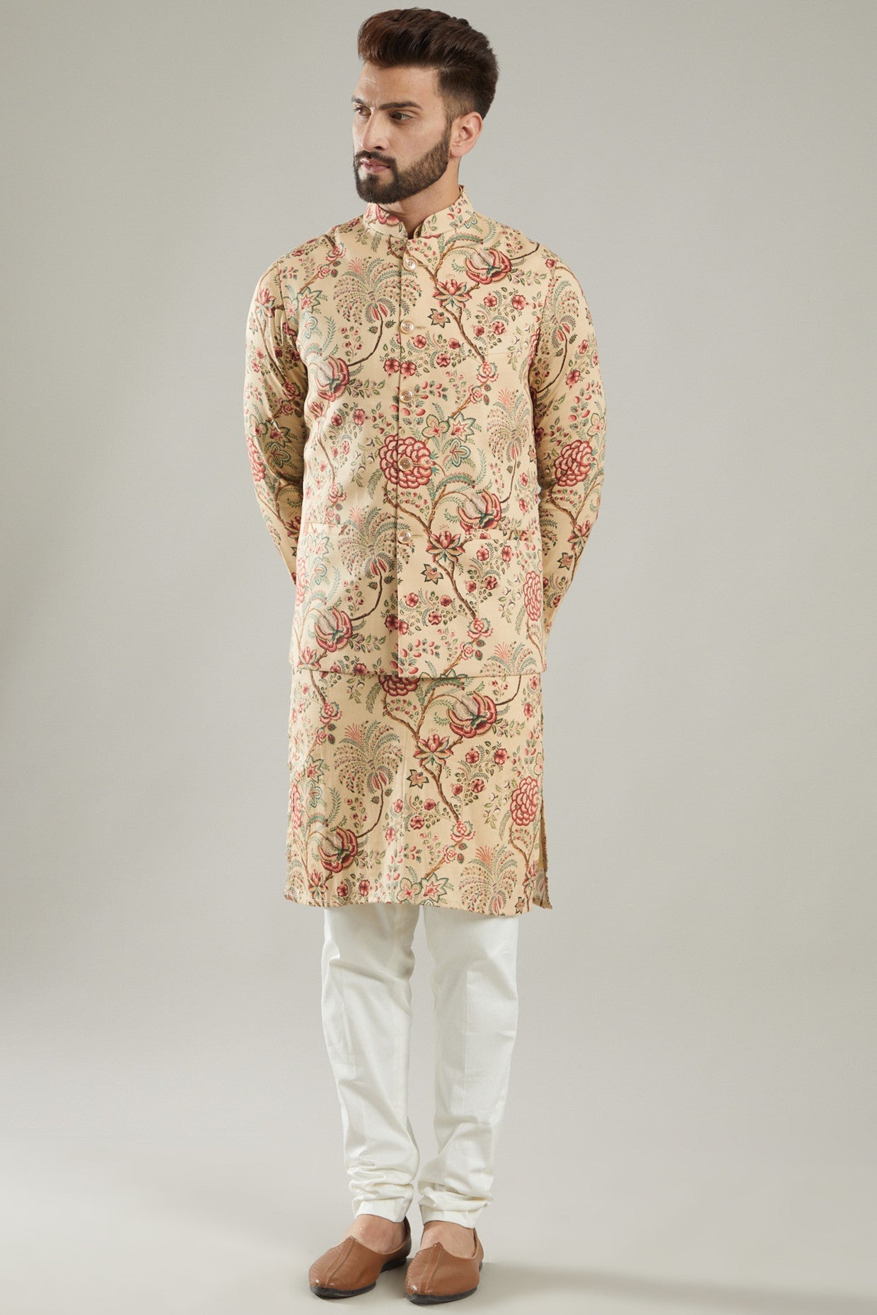 Nude Printed Jacket With Kurta - kasbahmen