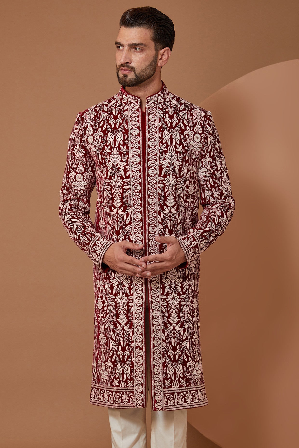 Maroon Threadwork Jamawar Sherwani - kasbahmen