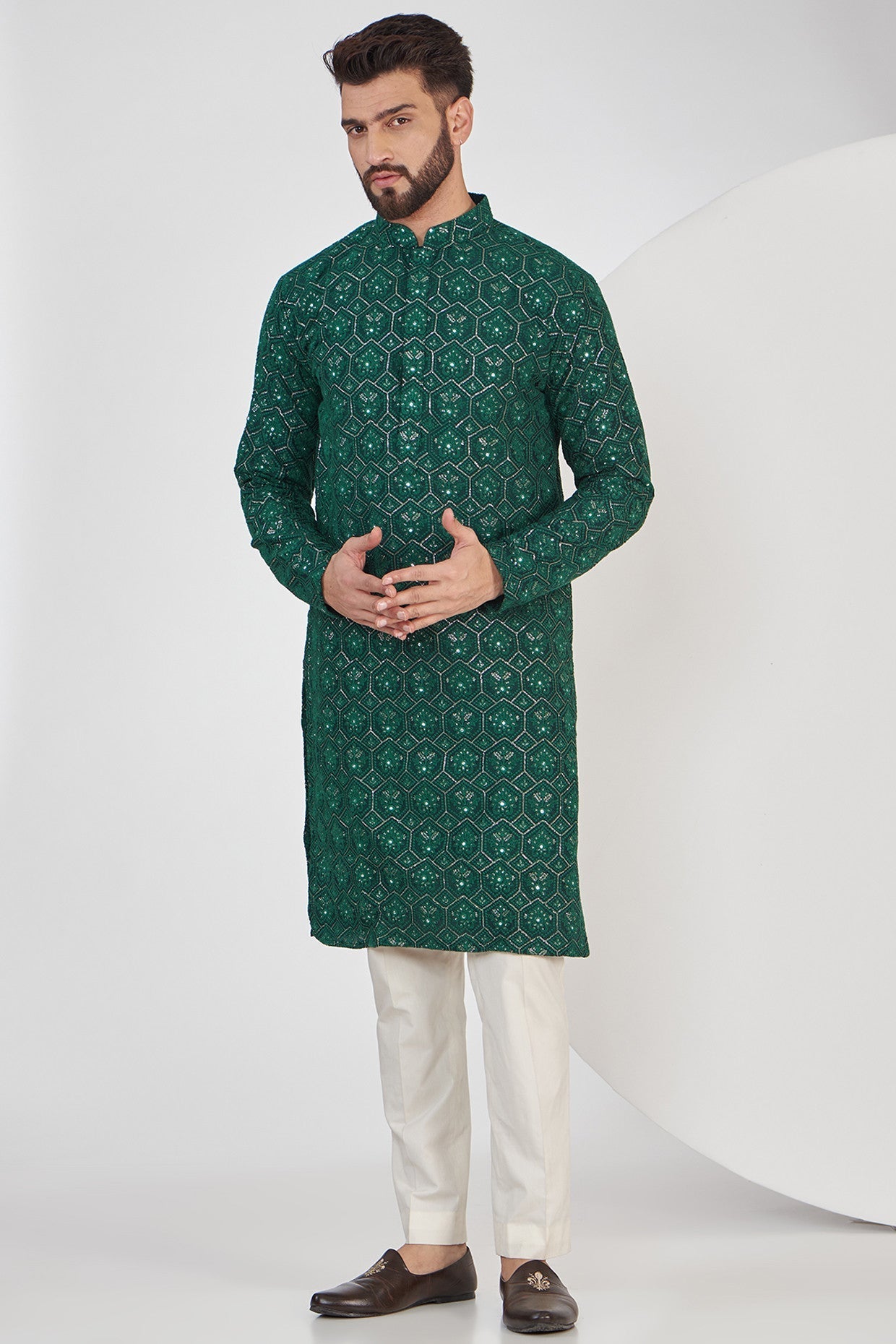 Bottle Green Chikankari Kurta - kasbahmen