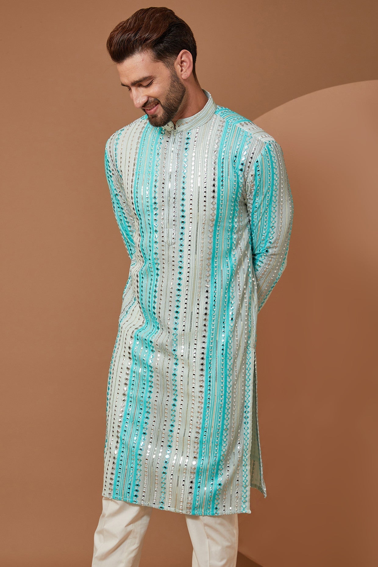 Blue Stripped Mirrorwork Kurta - kasbahmen