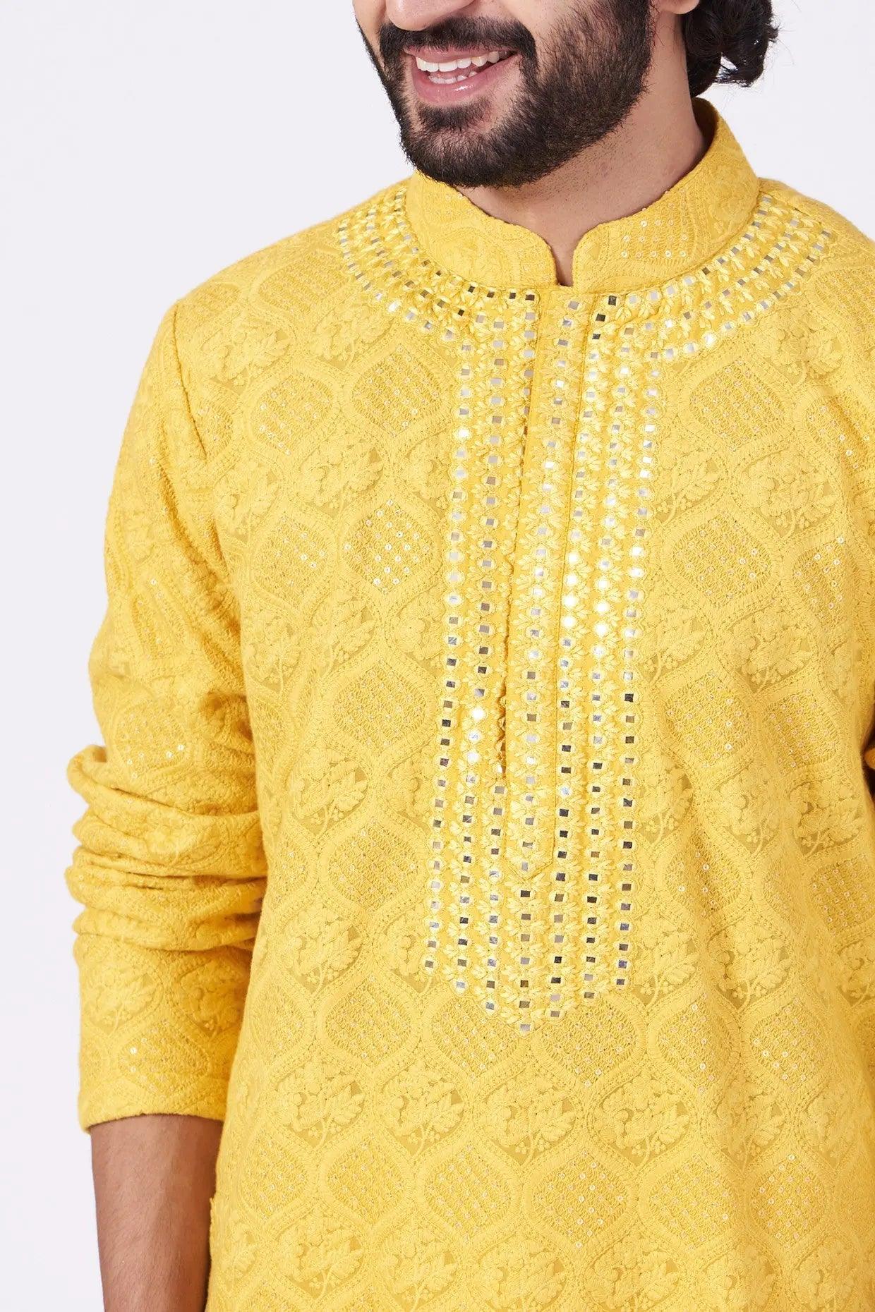 Yellow Hand Embroidered Kurta - kasbahmen