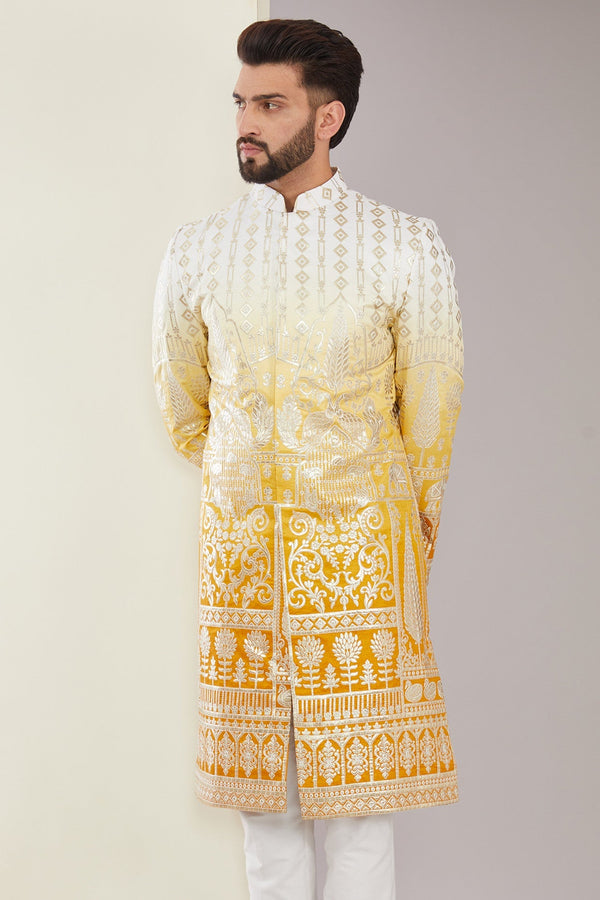 Yellow Ombre Sherwani with traditional floral motifs embroidered chrome Applique - kasbahmen