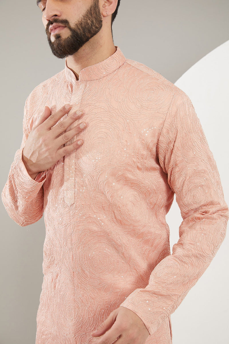 Peach Chikankari Kurta with Intricate Floral Embroidary - kasbahmen