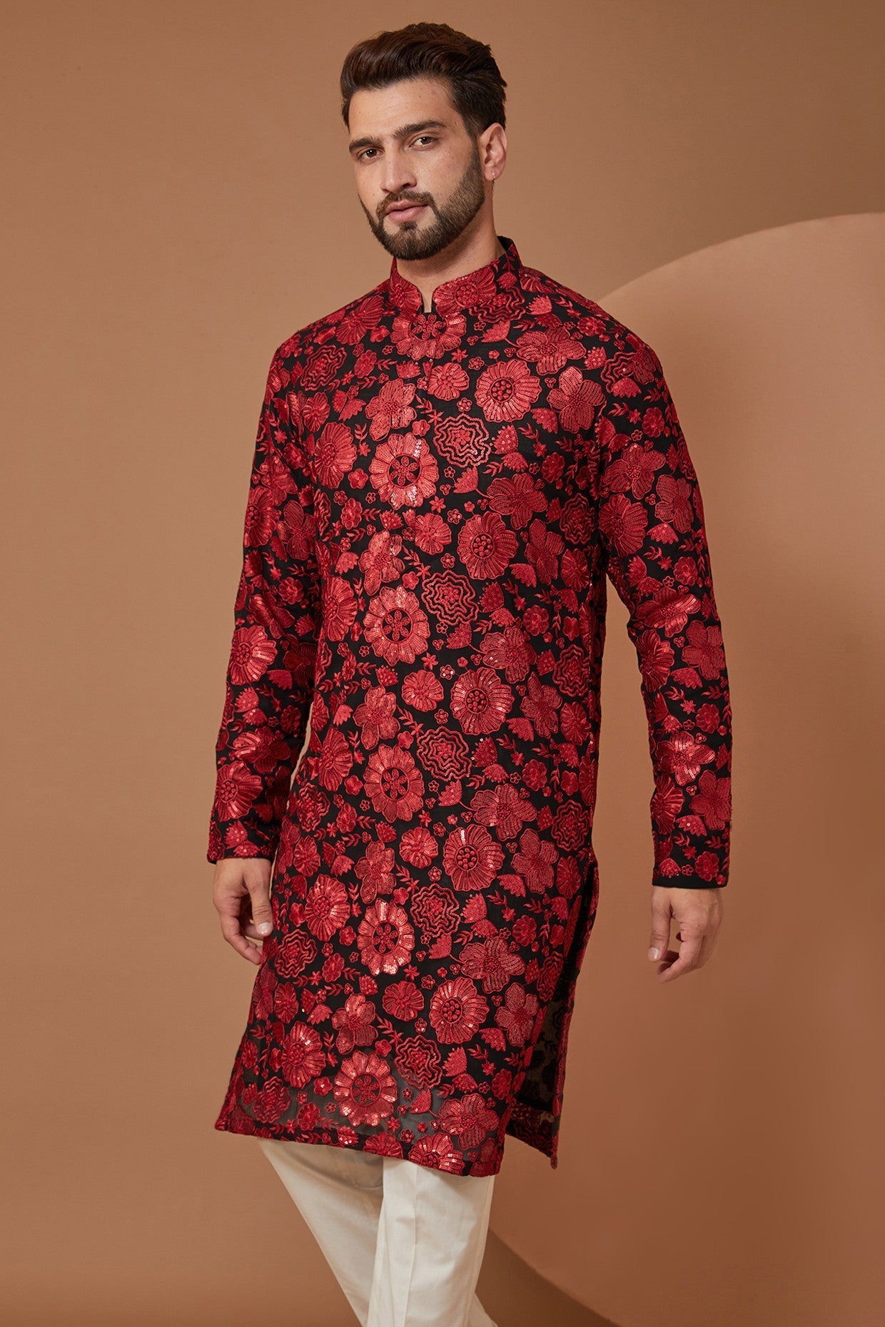 Red and Black Floral Embroidered Kurta - kasbahmen