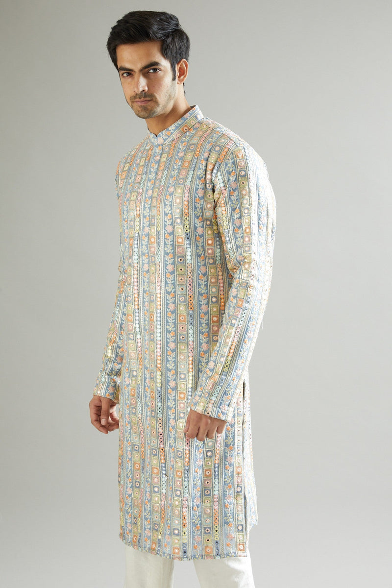 Matt Blue Embroidered Kurta - kasbahmen