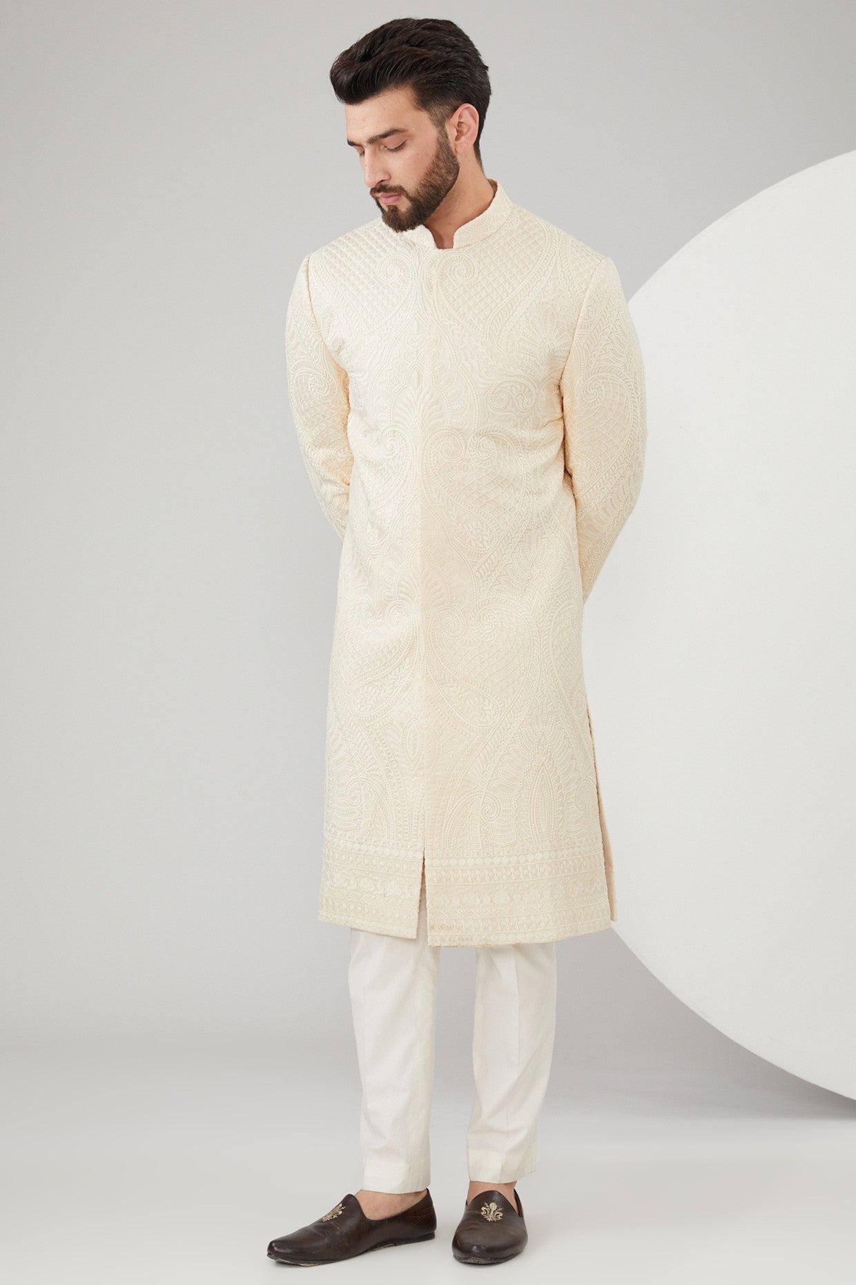 Beige Silk Kalamkari Embroidered Sherwani - kasbahmen