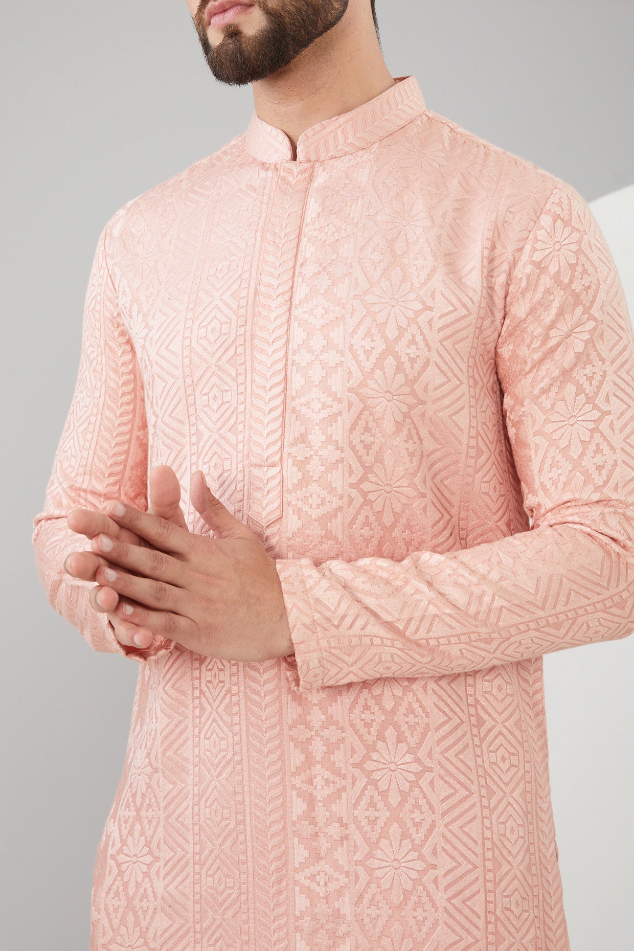 Peach Silk Thread Work Chikankari Kurta - kasbahmen