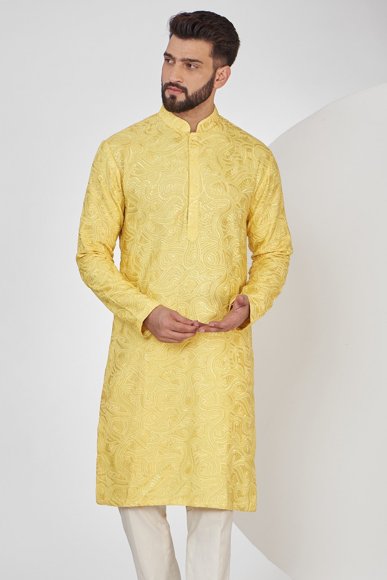 Yellow Chikankari Kurta with Intricate Threadwork - kasbahmen