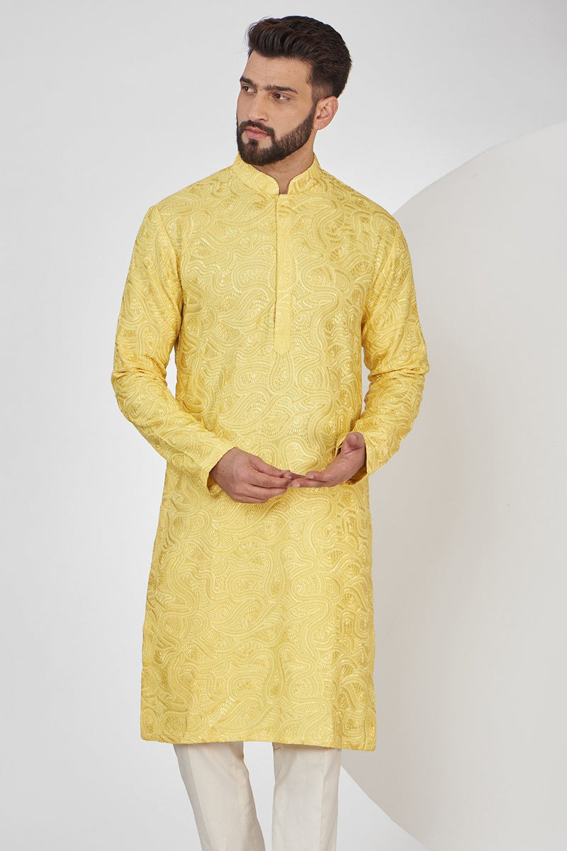 Yellow Chikankari Kurta with Intricate Threadwork - kasbahmen