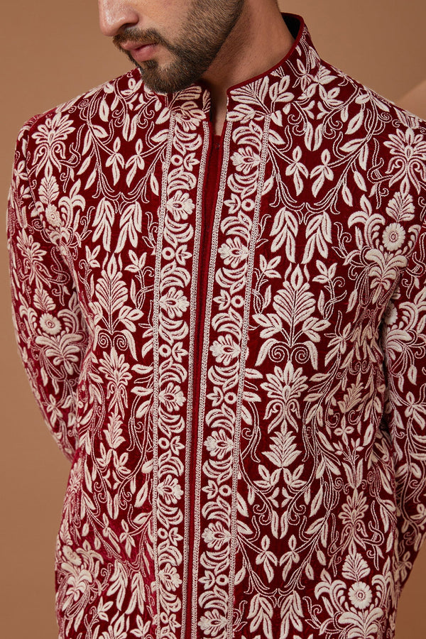 Maroon Threadwork Jamawar Sherwani - kasbahmen