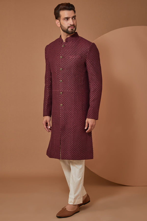 Maroon Wine Threadwork Sherwani - kasbahmen