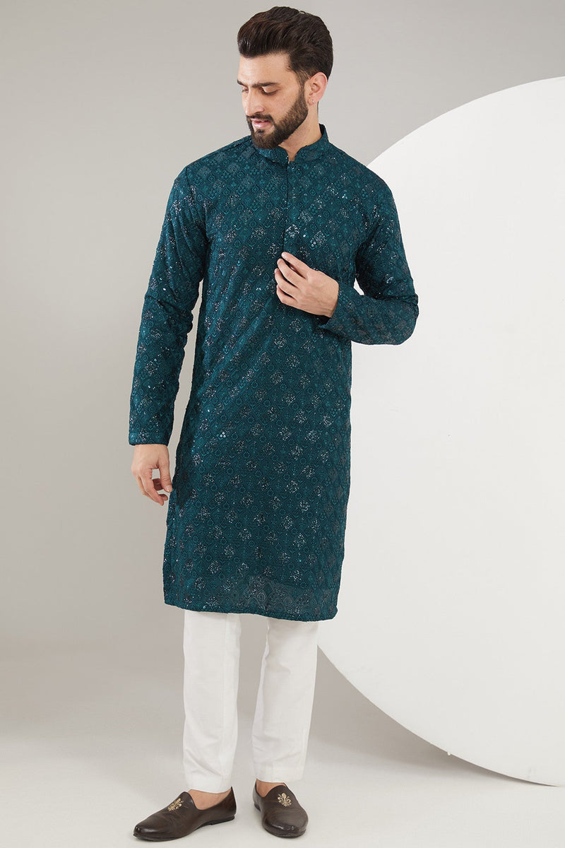 Teal Chikankari Kurta