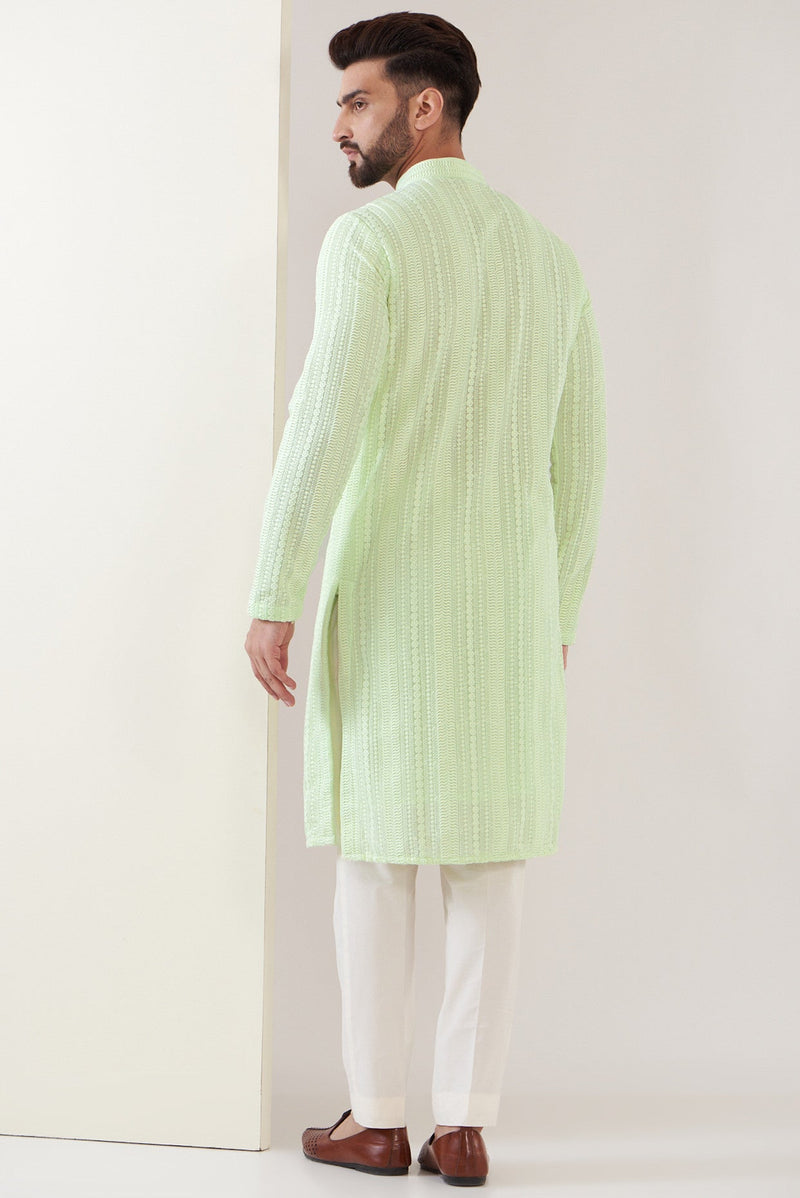 Green chikankari kurta with thread work