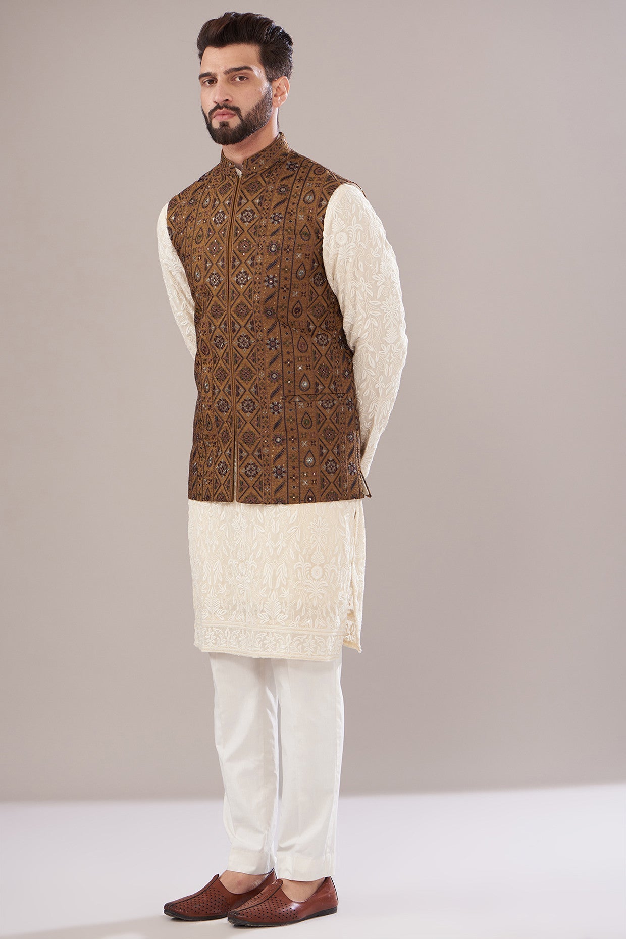 Mustard Silk Embroidered Nehru Jacket - kasbahmen