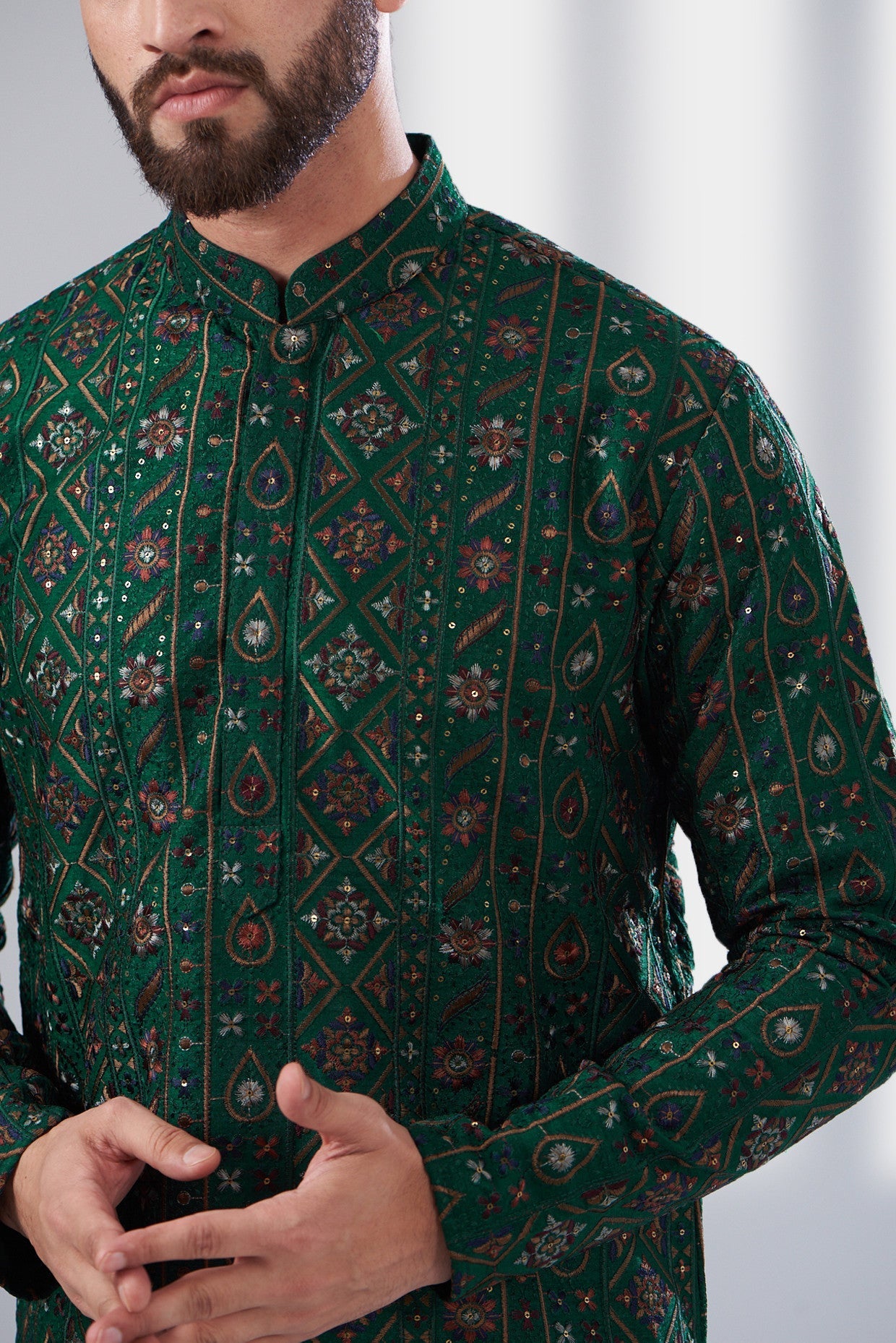 Bottle green multi thread work kurta - kasbahmen