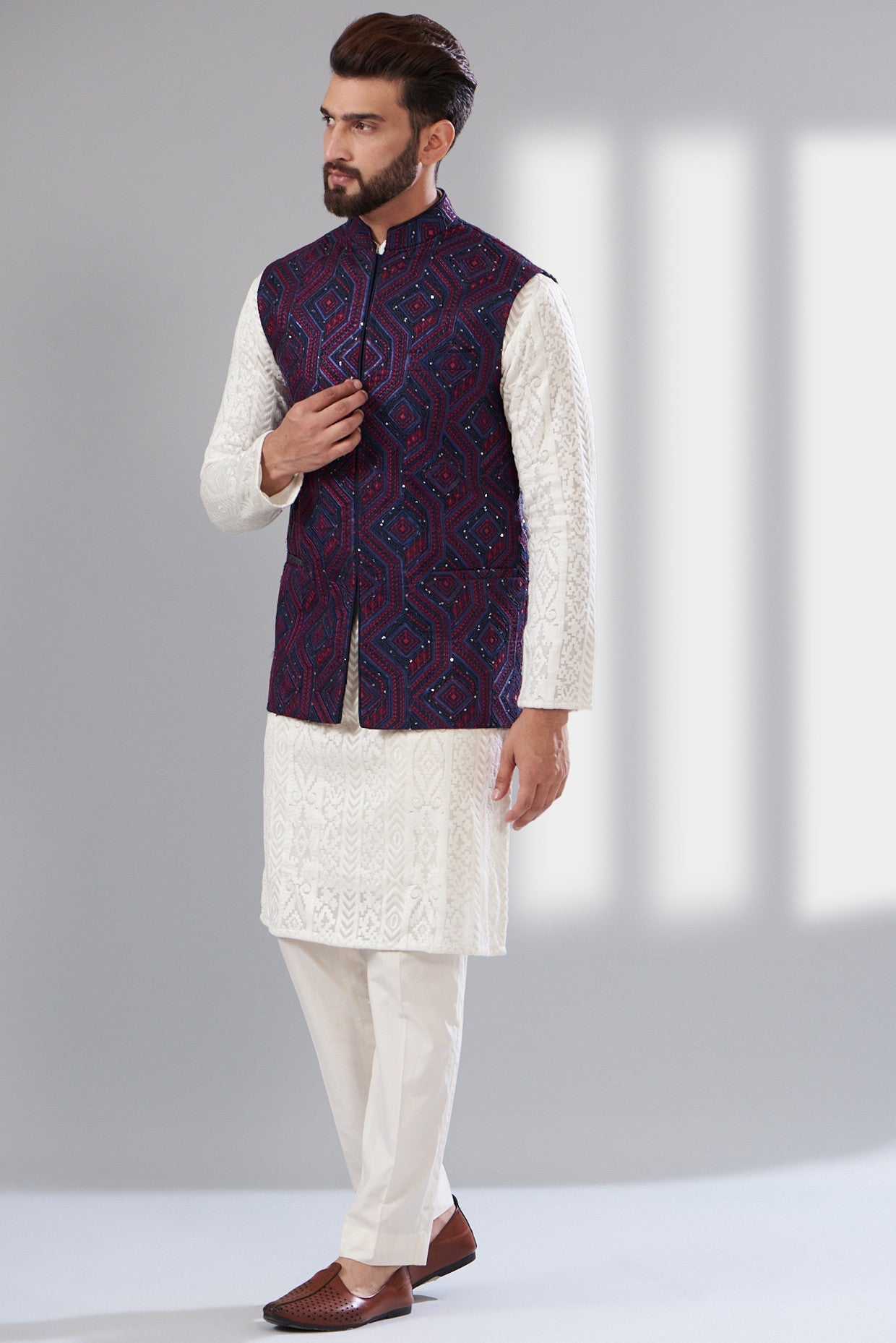 Navy blue thread work nehru jacket - kasbahmen