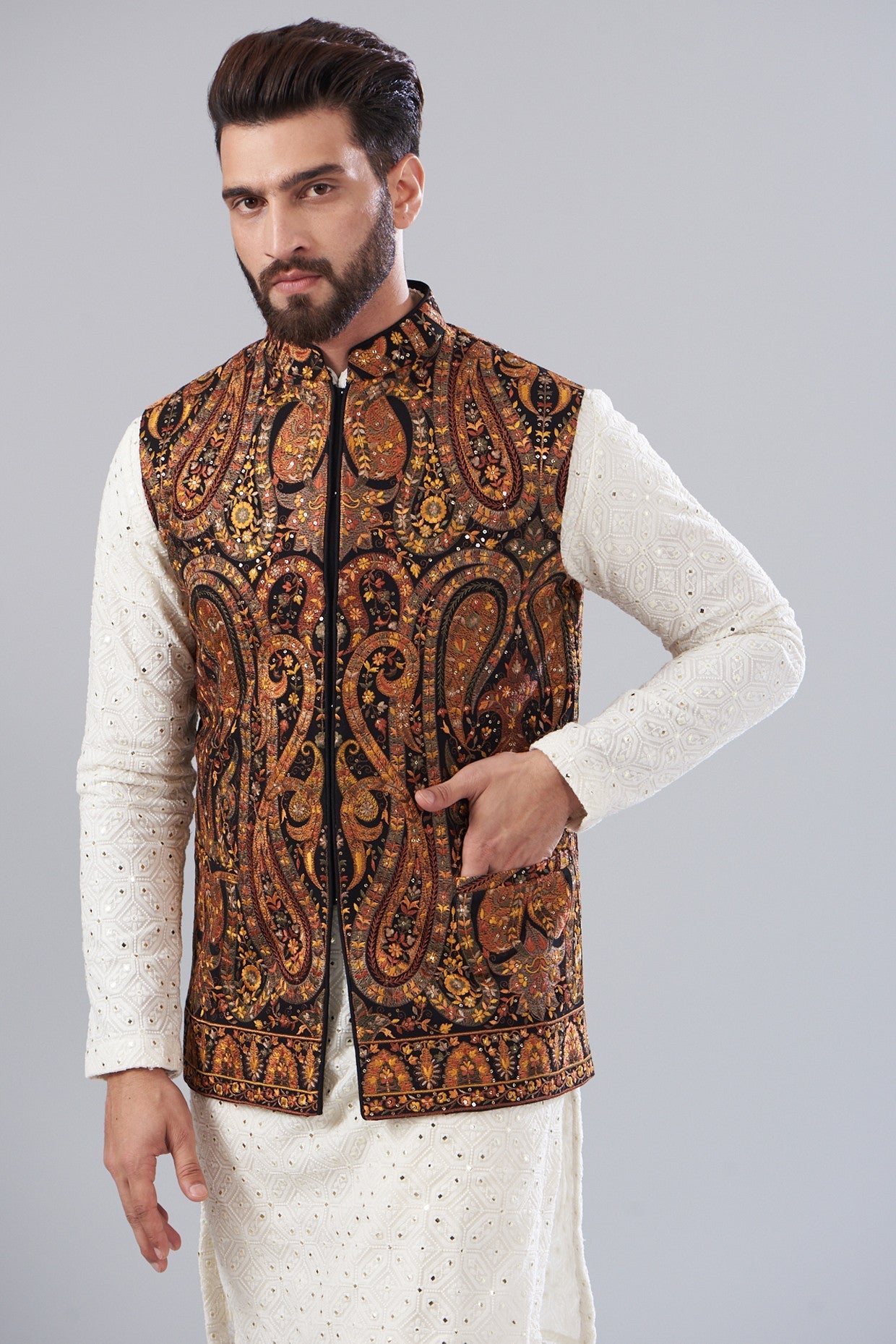 Kashmiri Embroidered Nehru Jacket - kasbahmen